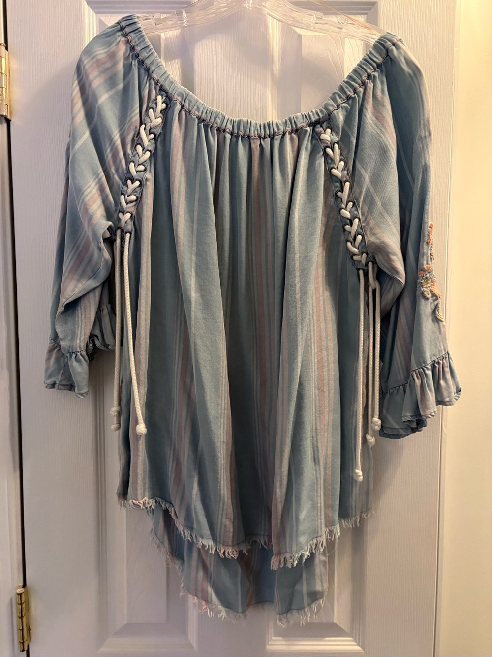 Grace Light Blue Striped Off-Shoulder Top with Braided Ties